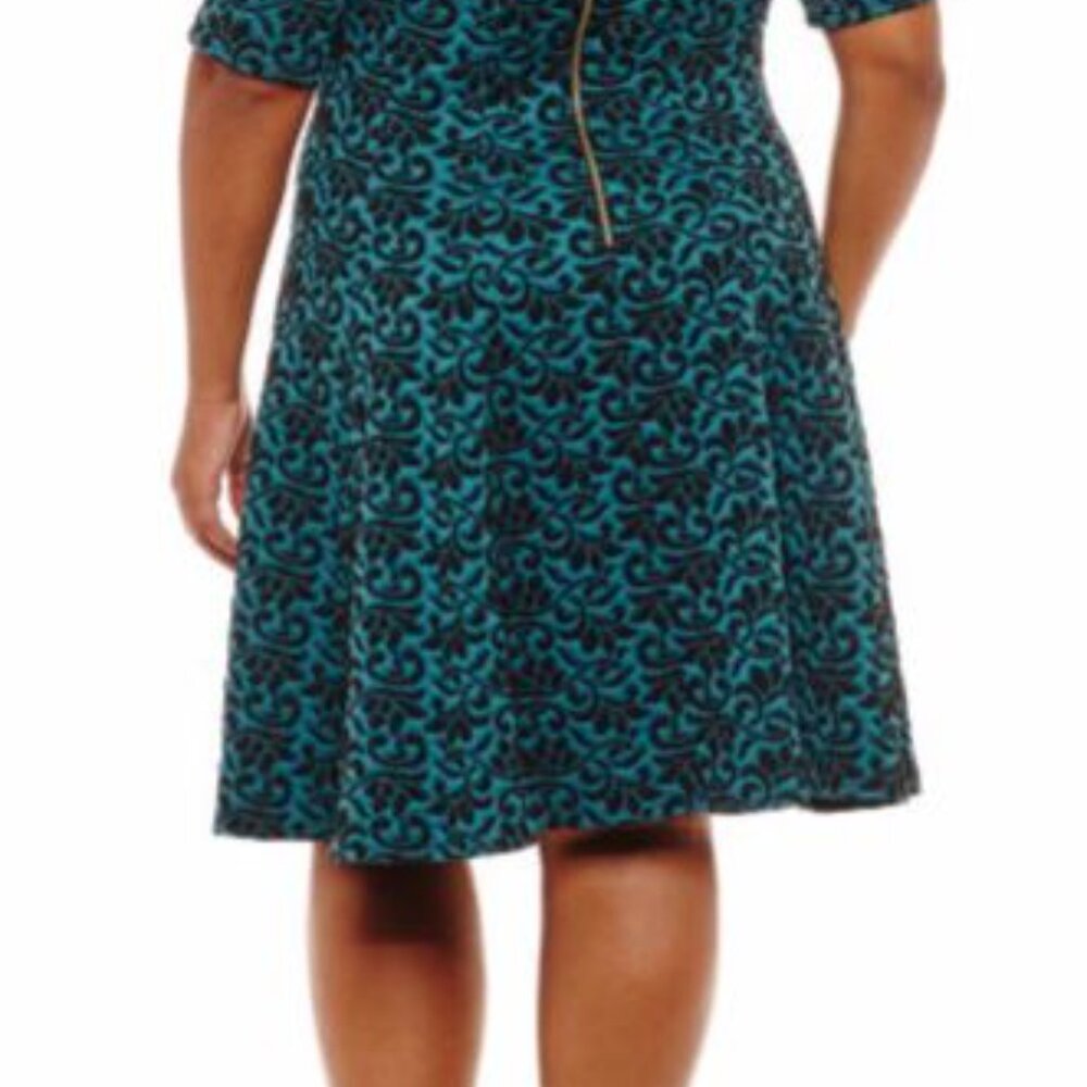 New Danny & Nicole Elbow Sleeve Teal Black Floral Fit & Flare Dress 24W - Picture 2 of 6